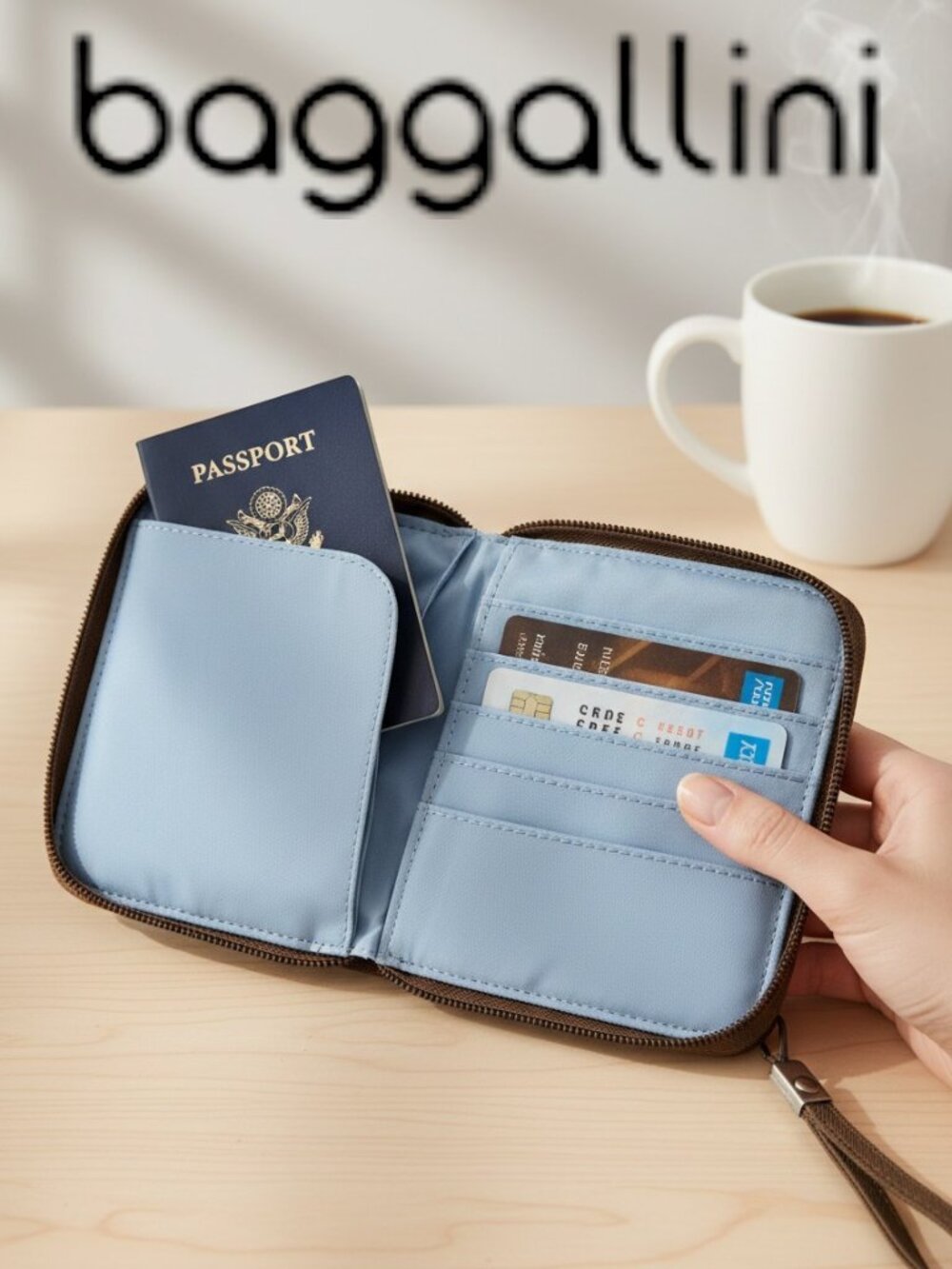 Baggallini RFID Travel Wallet Clutch Brown Nylon Passport Organizer Wristlet Zip